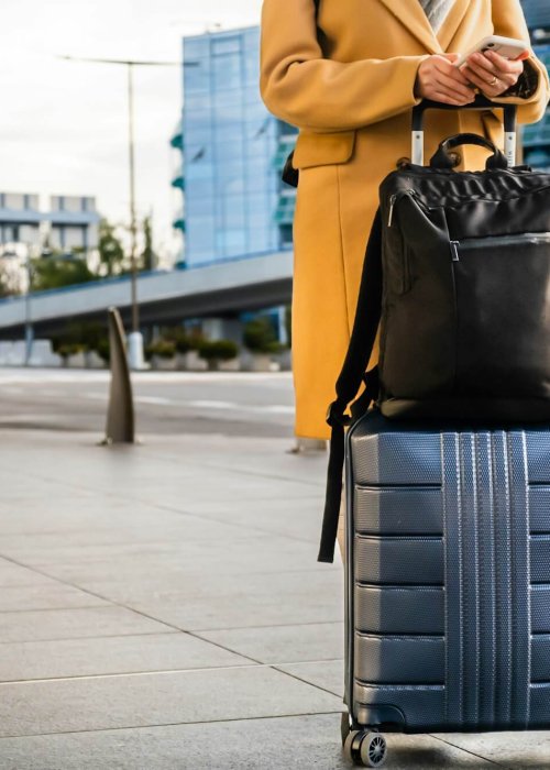 Woman traveler in coat with handbag waiting for Buffalo Airport Taxi